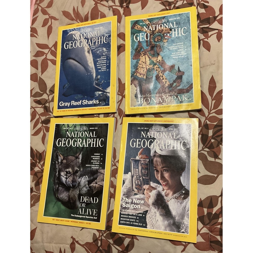 Vintage National Geographic Magazine Lot 4 Mags 1995 Jan Apr Gray Sharks Saigon